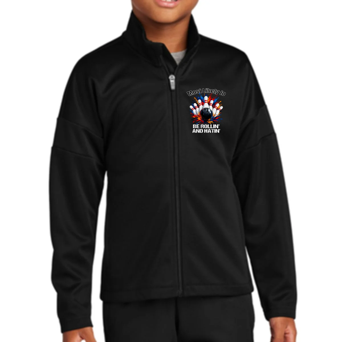 Colorful Bowling Strike – Retro Sports Graphic & Custom Text Kids Jacket - Front