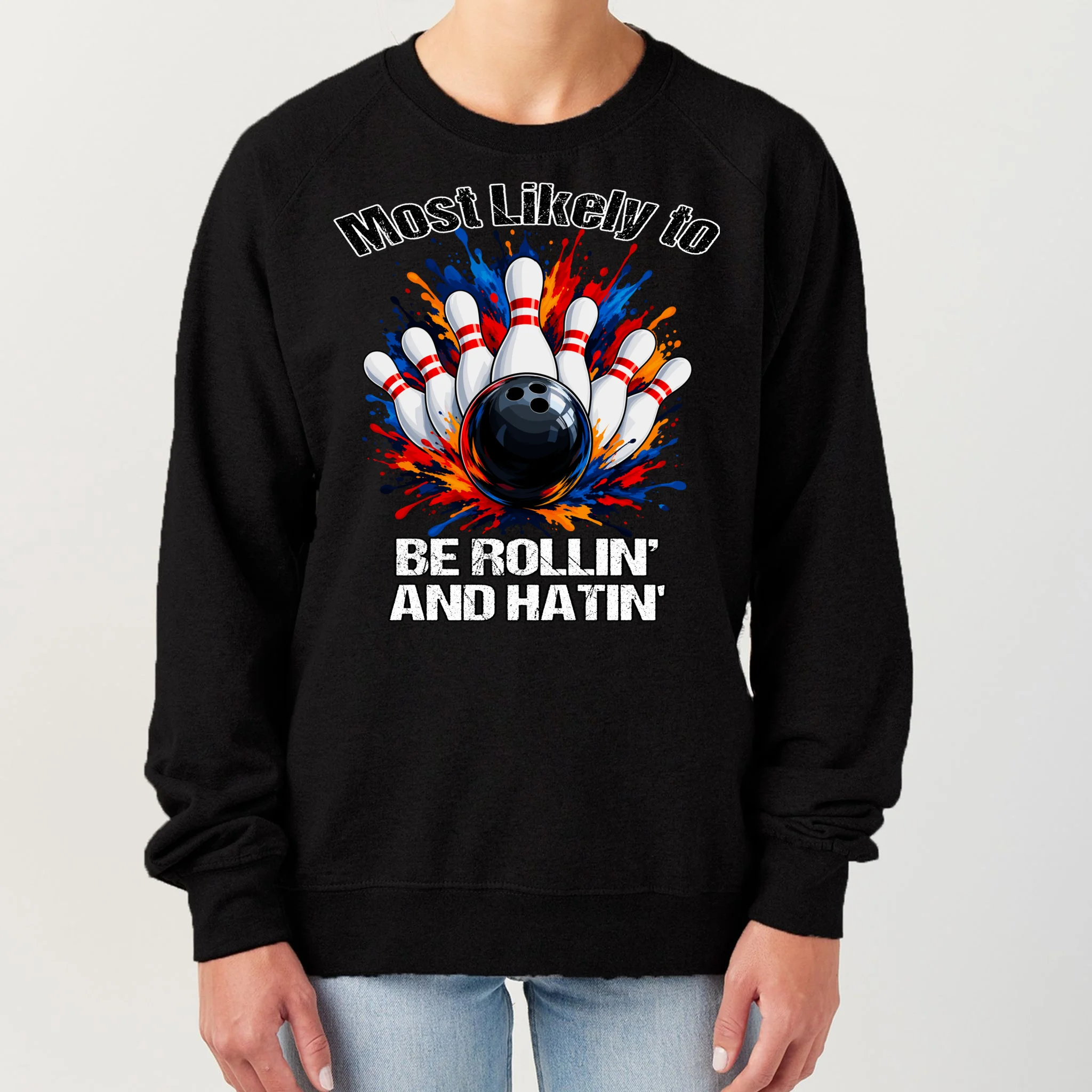 Colorful Bowling Strike – Retro Sports Graphic & Custom Text Women's Sweatshirt - Front