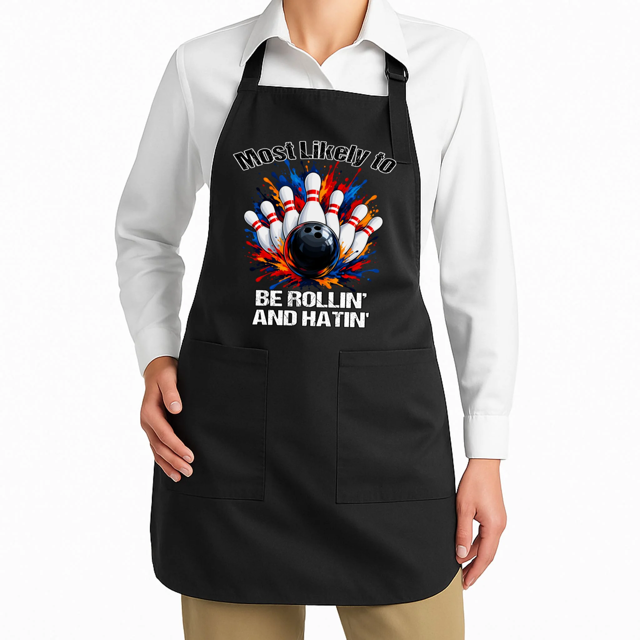 Colorful Bowling Strike – Retro Sports Graphic & Custom Text Apron - Front 1