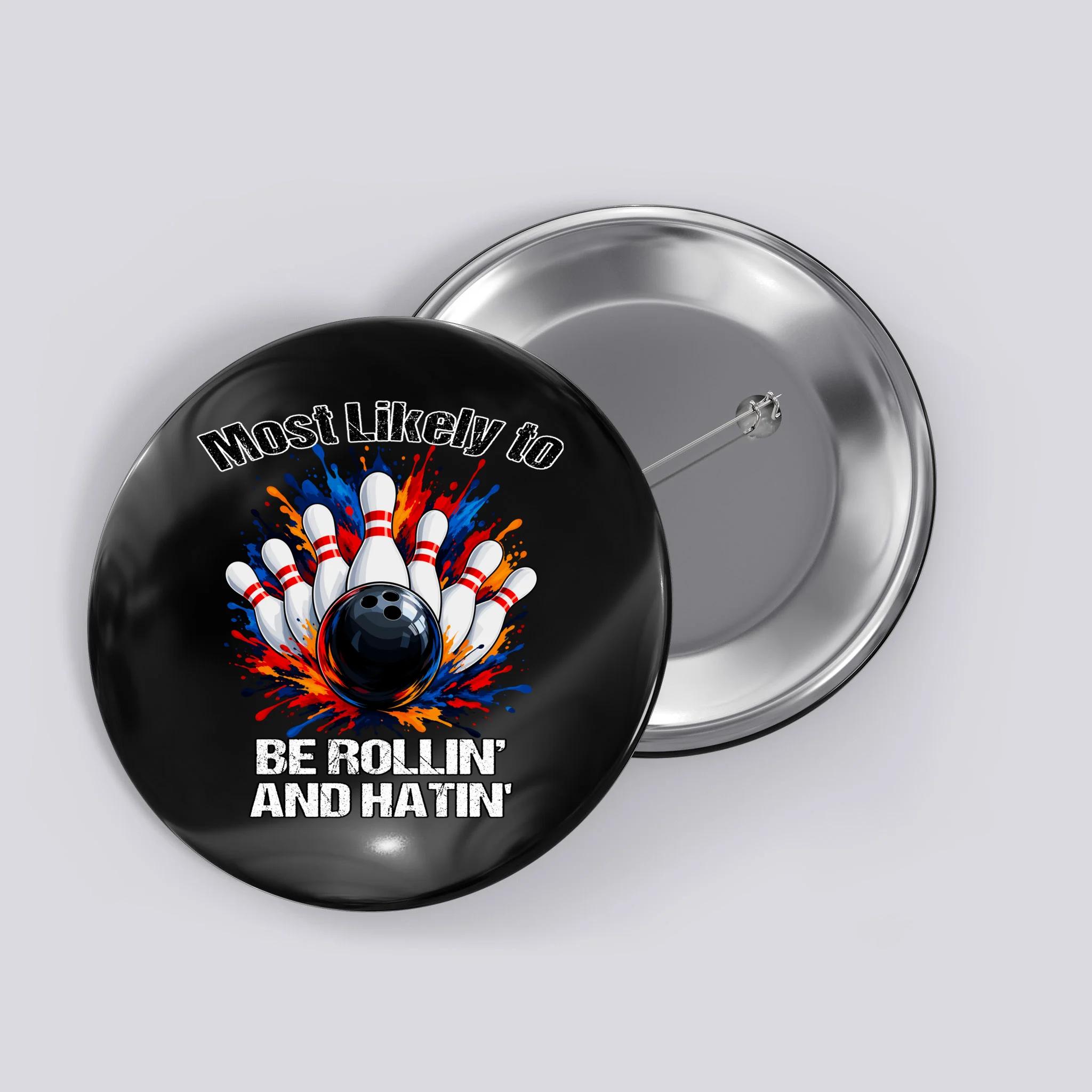 Colorful Bowling Strike – Retro Sports Graphic & Custom Text Button - Front