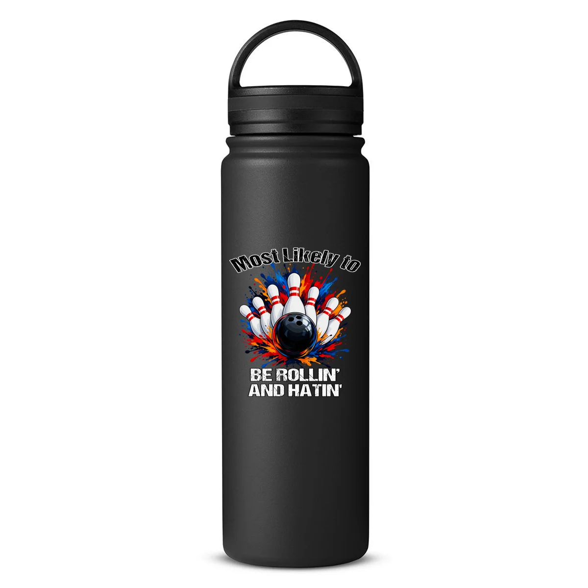 Colorful Bowling Strike – Retro Sports Graphic & Custom Text 24oz Water Bottle - Front