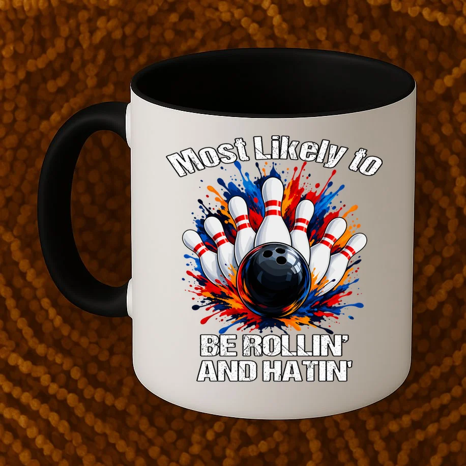 Colorful Bowling Strike – Retro Sports Graphic & Custom Text Mug - Front 1