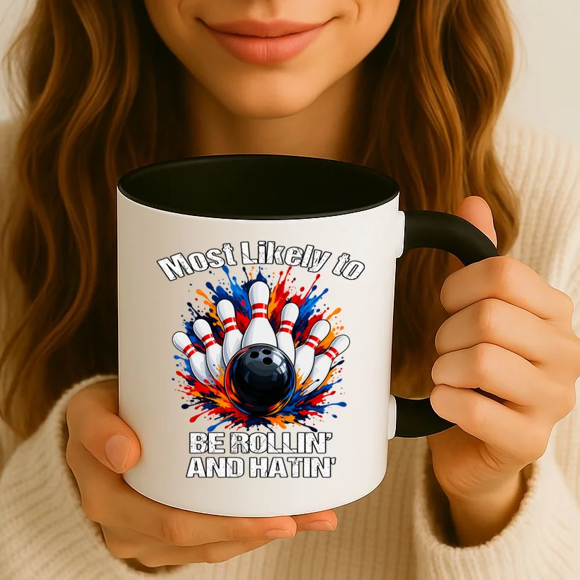 Colorful Bowling Strike – Retro Sports Graphic & Custom Text Mug - Front 2