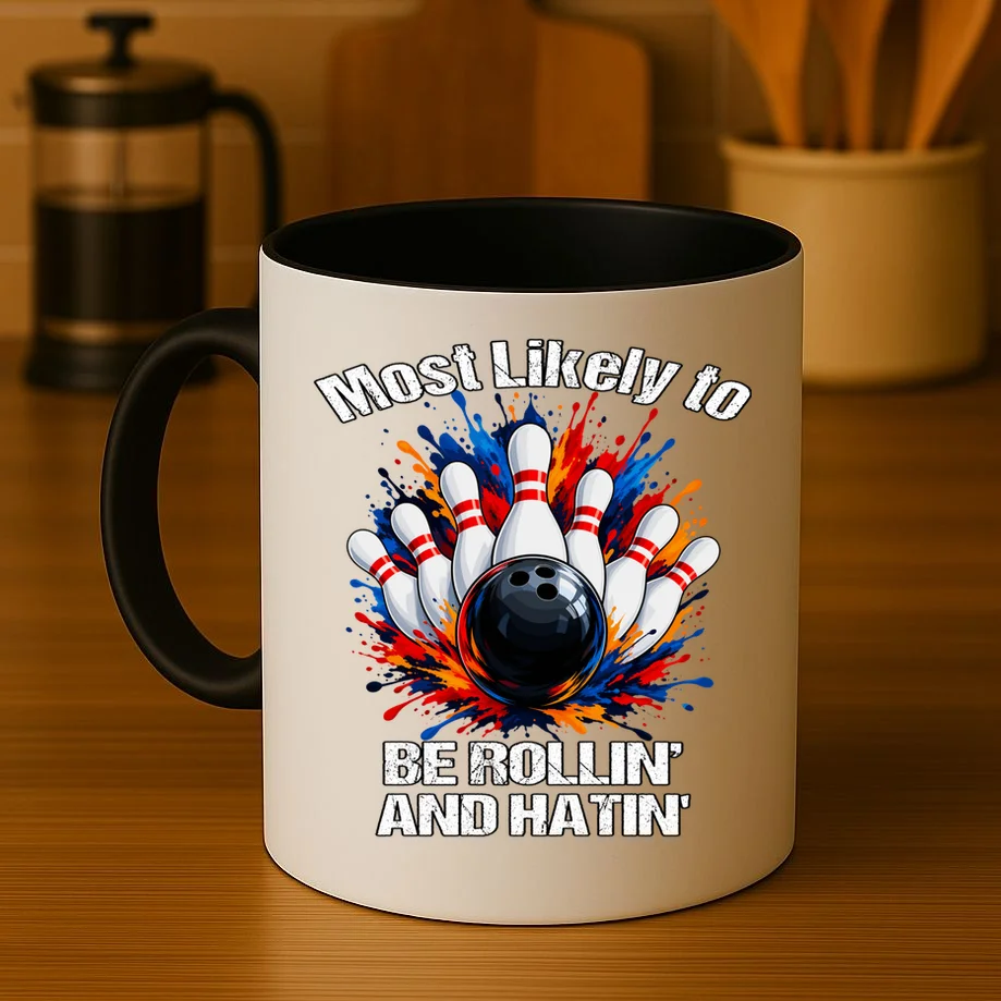 Colorful Bowling Strike – Retro Sports Graphic & Custom Text Mug - Front 3