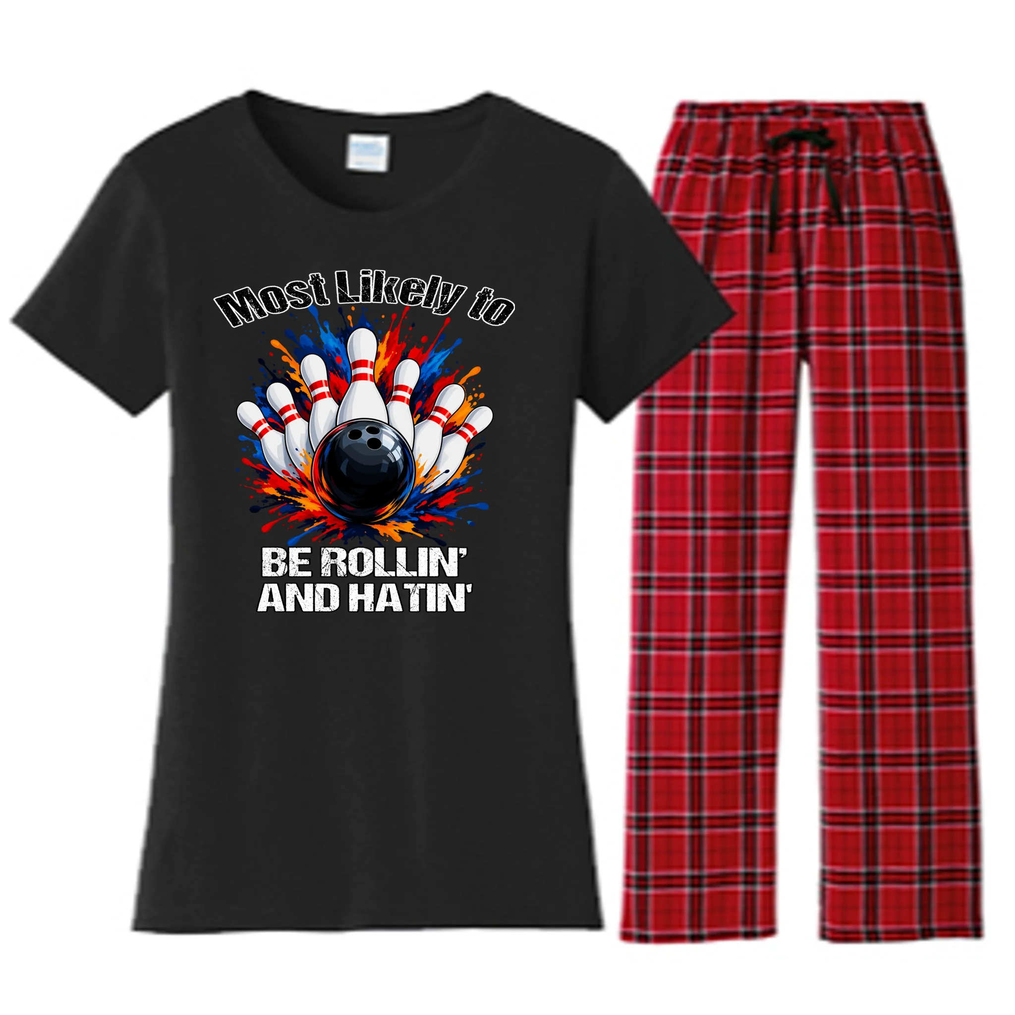 Colorful Bowling Strike – Retro Sports Graphic & Custom Text Women's Flannel Pajama Set - Front