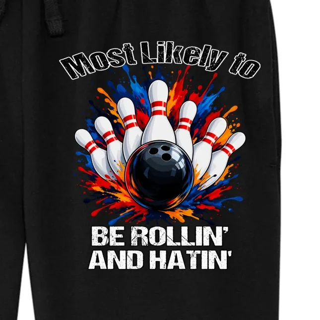 Colorful Bowling Strike – Retro Sports Graphic & Custom Text Women's Fleece Sweatpants - Front - Close-up