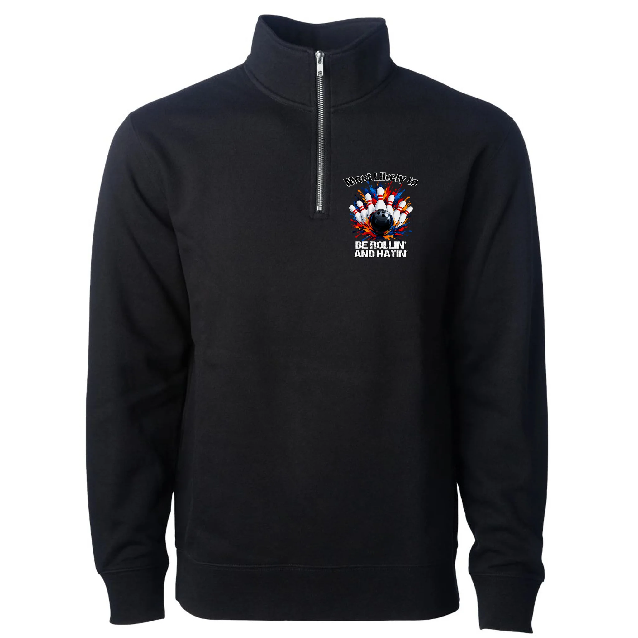Colorful Bowling Strike – Retro Sports Graphic & Custom Text Men's Pullover Quarter Zip - Front