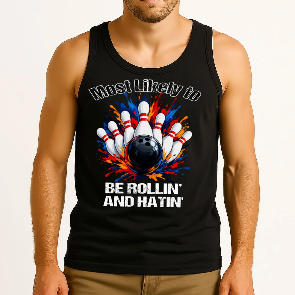 Colorful Bowling Strike – Retro Sports Graphic & Custom Text Men's Tank Top - Front 2