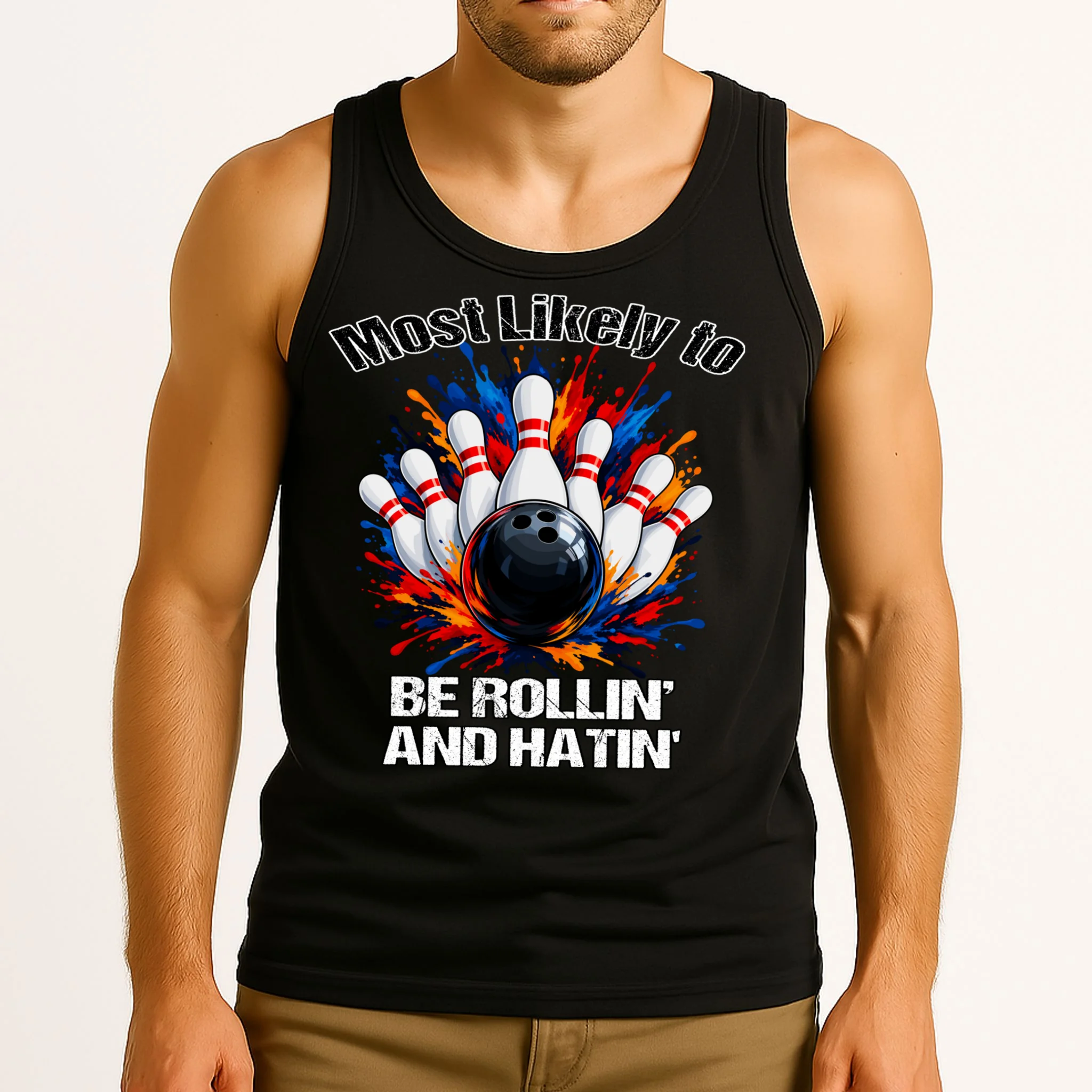 Colorful Bowling Strike – Retro Sports Graphic & Custom Text Men's Tank Top - Front 2