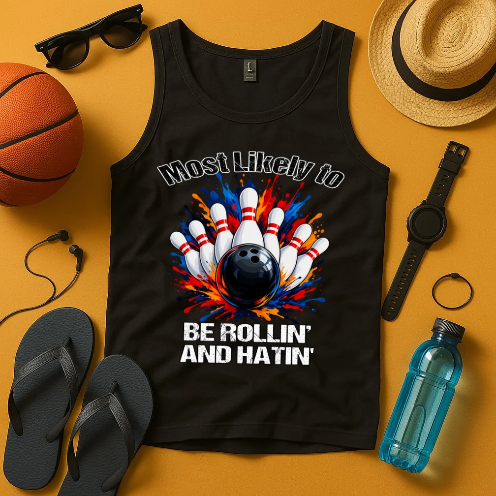 Colorful Bowling Strike – Retro Sports Graphic & Custom Text Men's Tank Top - Front 3