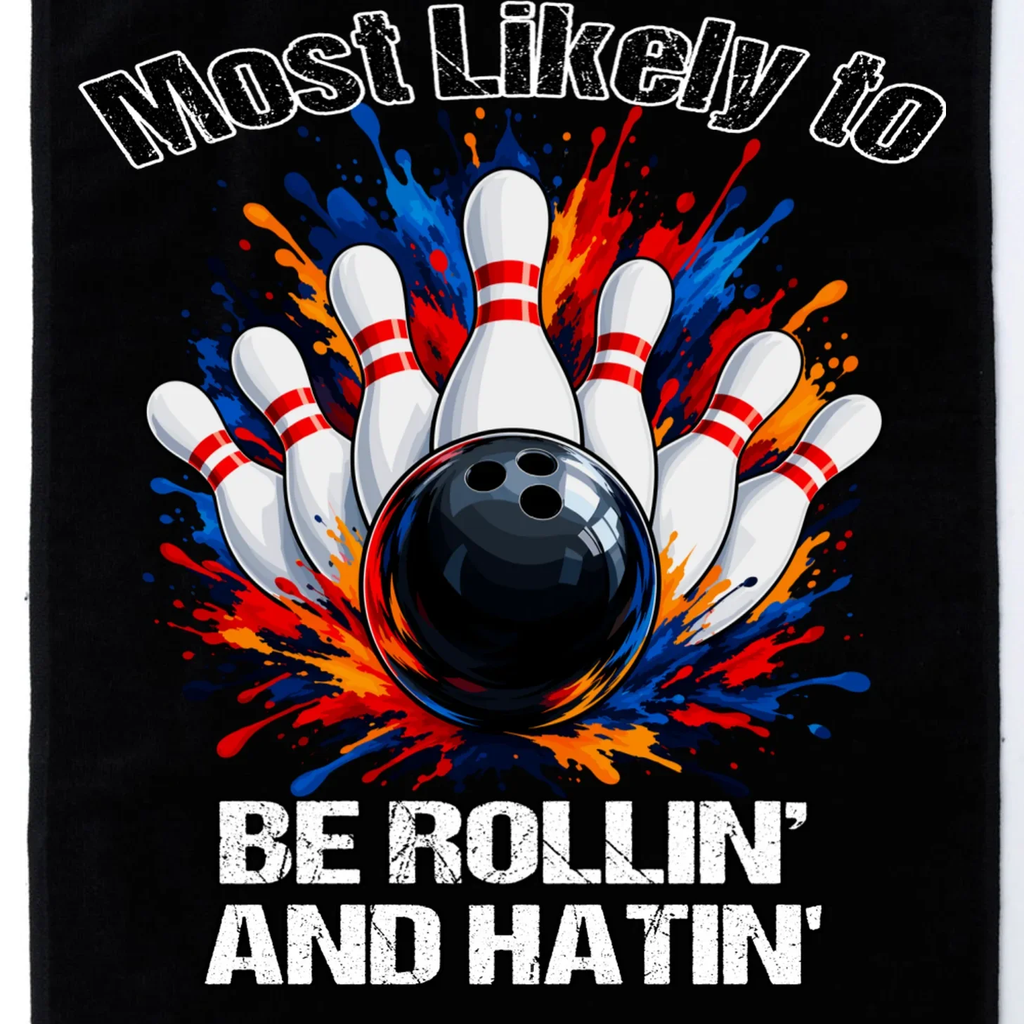 Colorful Bowling Strike – Retro Sports Graphic & Custom Text Golf Towel - Front - Close-up