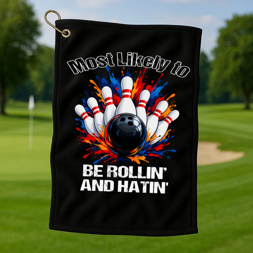 Colorful Bowling Strike – Retro Sports Graphic & Custom Text Golf Towel - Front 1
