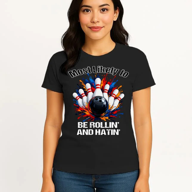 Colorful Bowling Strike – Retro Sports Graphic & Custom Text Women's T-Shirt - Front 3