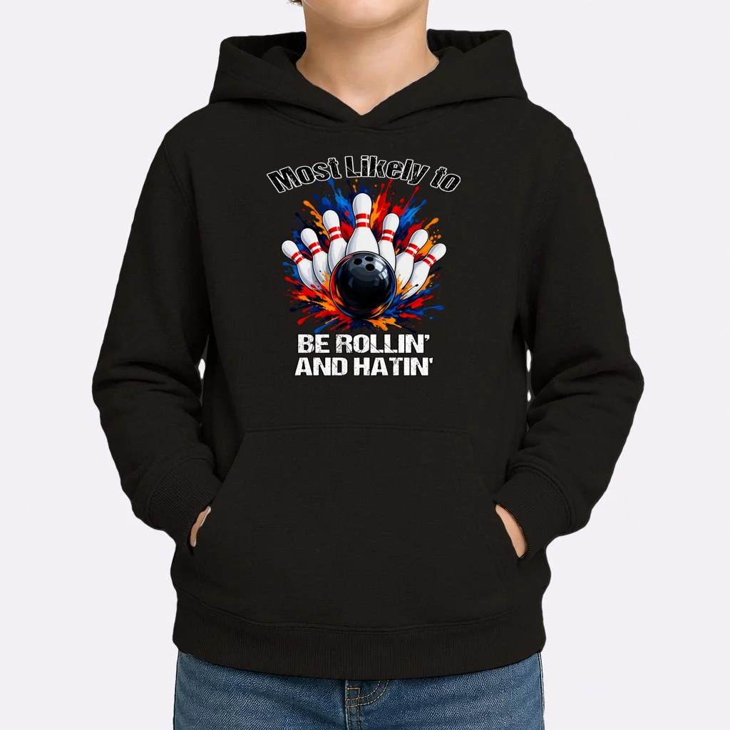 Colorful Bowling Strike – Retro Sports Graphic & Custom Text Kids Hoodie - Front 1