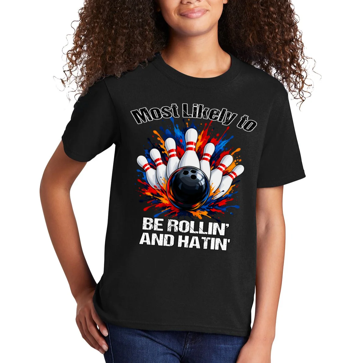 Colorful Bowling Strike – Retro Sports Graphic & Custom Text Kids T-Shirt - Front 1