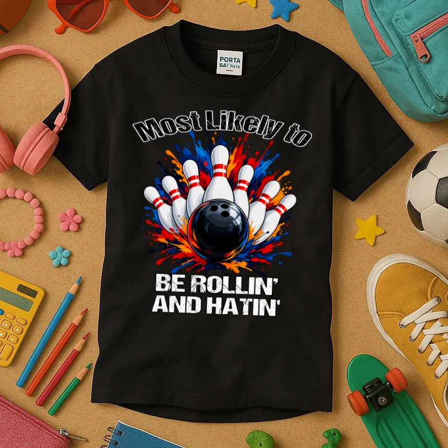 Colorful Bowling Strike – Retro Sports Graphic & Custom Text Kids T-Shirt - Front 2