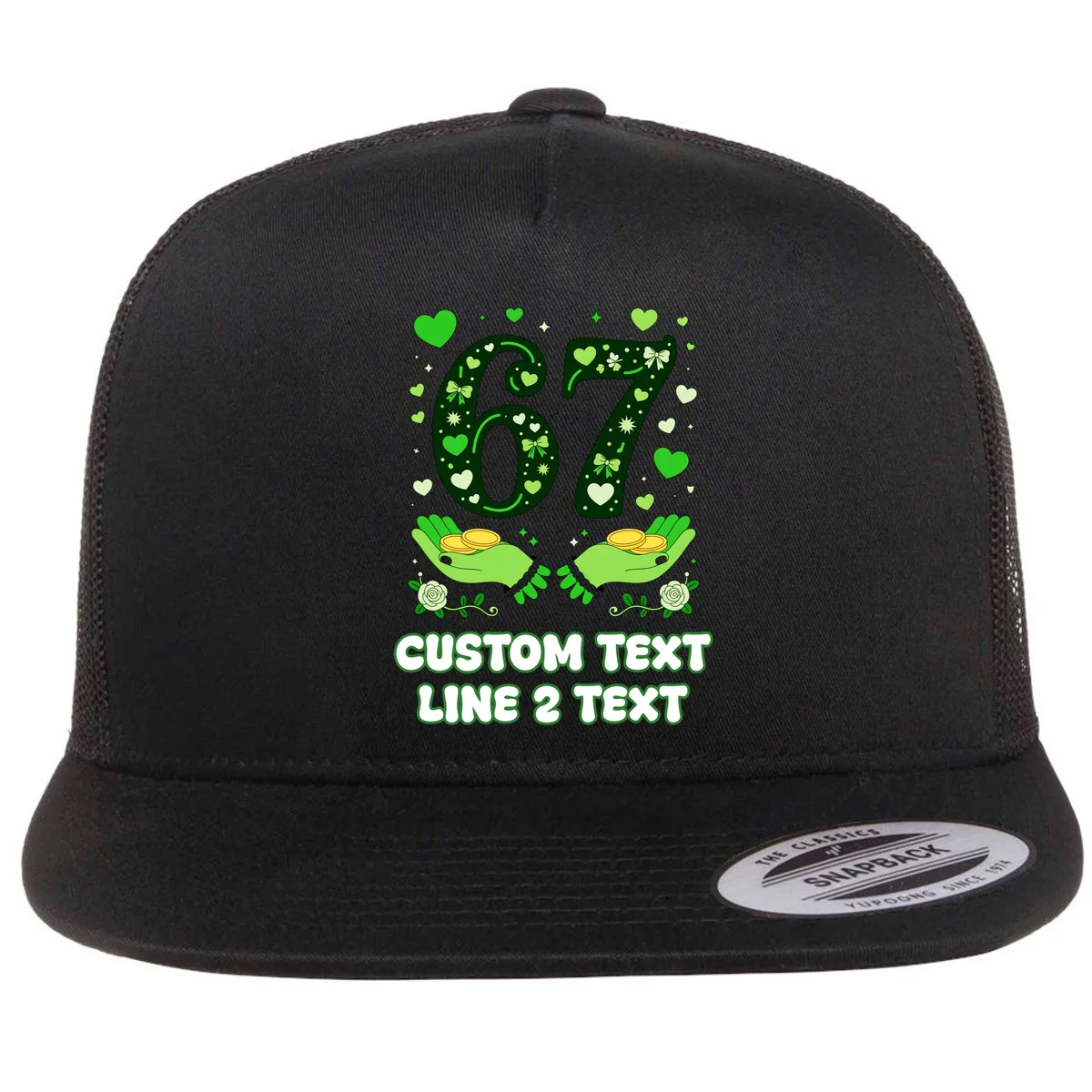 6-7 Meme Personalized St Patricks Day Custom Text Flat Bill Trucker Hat - Front