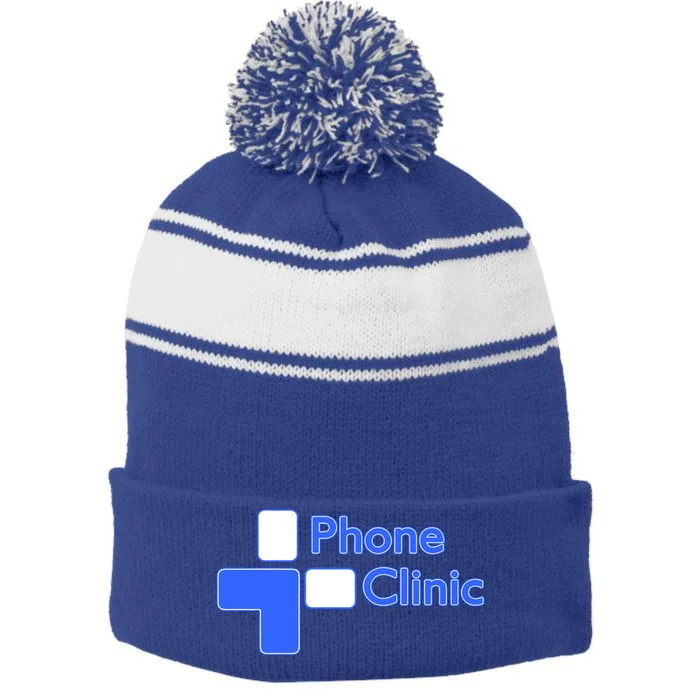 Phone Clinic Hat Stripe Pom Pom Beanie - Front