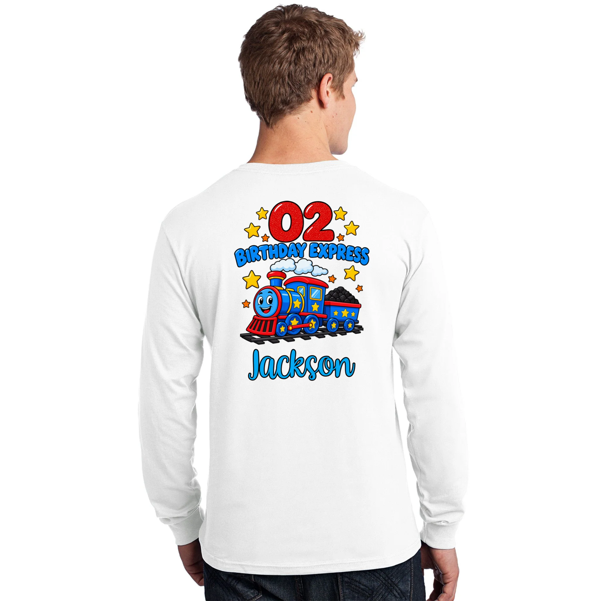 All Aboard, I’m Two! – Personalized 2nd Birthday Train Design Men's Long Sleeve Shirt - Back - Close-up