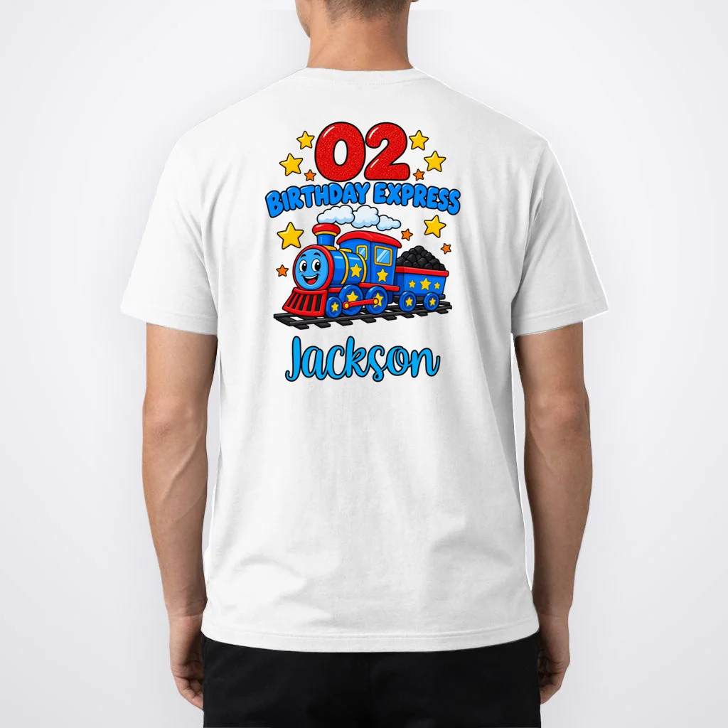 All Aboard, I’m Two! – Personalized 2nd Birthday Train Design Men's T-Shirt - Back 1