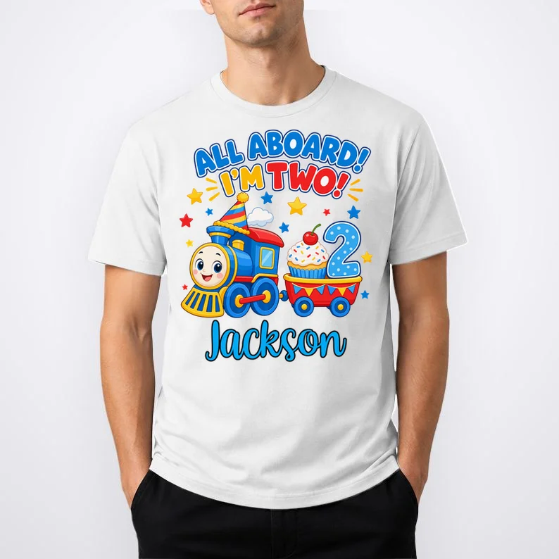 All Aboard, I’m Two! – Personalized 2nd Birthday Train Design Men's T-Shirt - Front 1