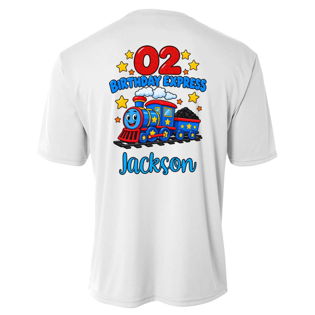 All Aboard, I’m Two! – Personalized 2nd Birthday Train Design Kids Performance T-Shirt - Back - Close-up