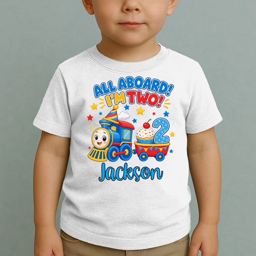 All Aboard, I’m Two! – Personalized 2nd Birthday Train Design Toddler T-Shirt - Front 1