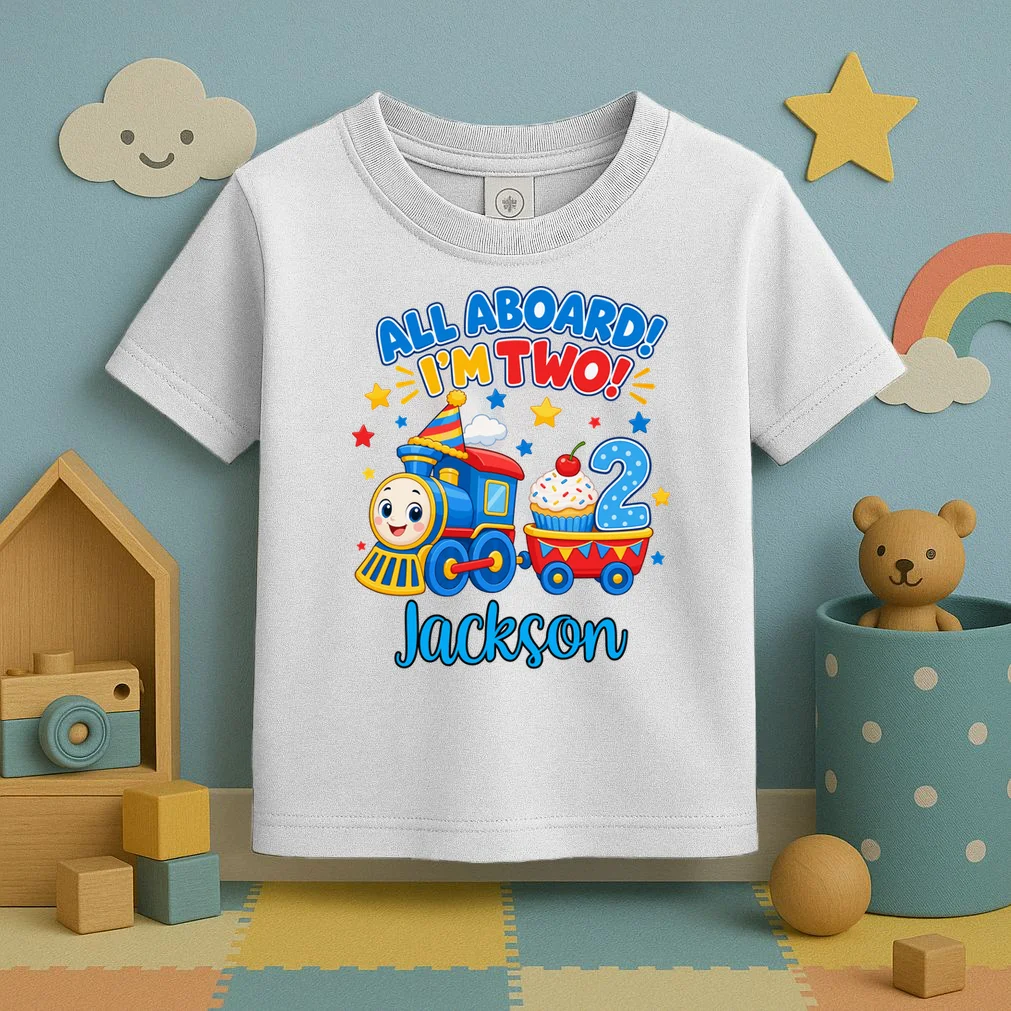 All Aboard, I’m Two! – Personalized 2nd Birthday Train Design Toddler T-Shirt - Front 2