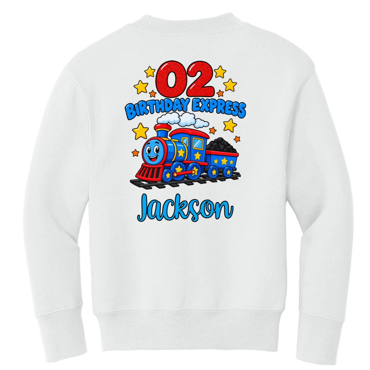 All Aboard, I’m Two! – Personalized 2nd Birthday Train Design Kids Sweatshirt - Back - Close-up