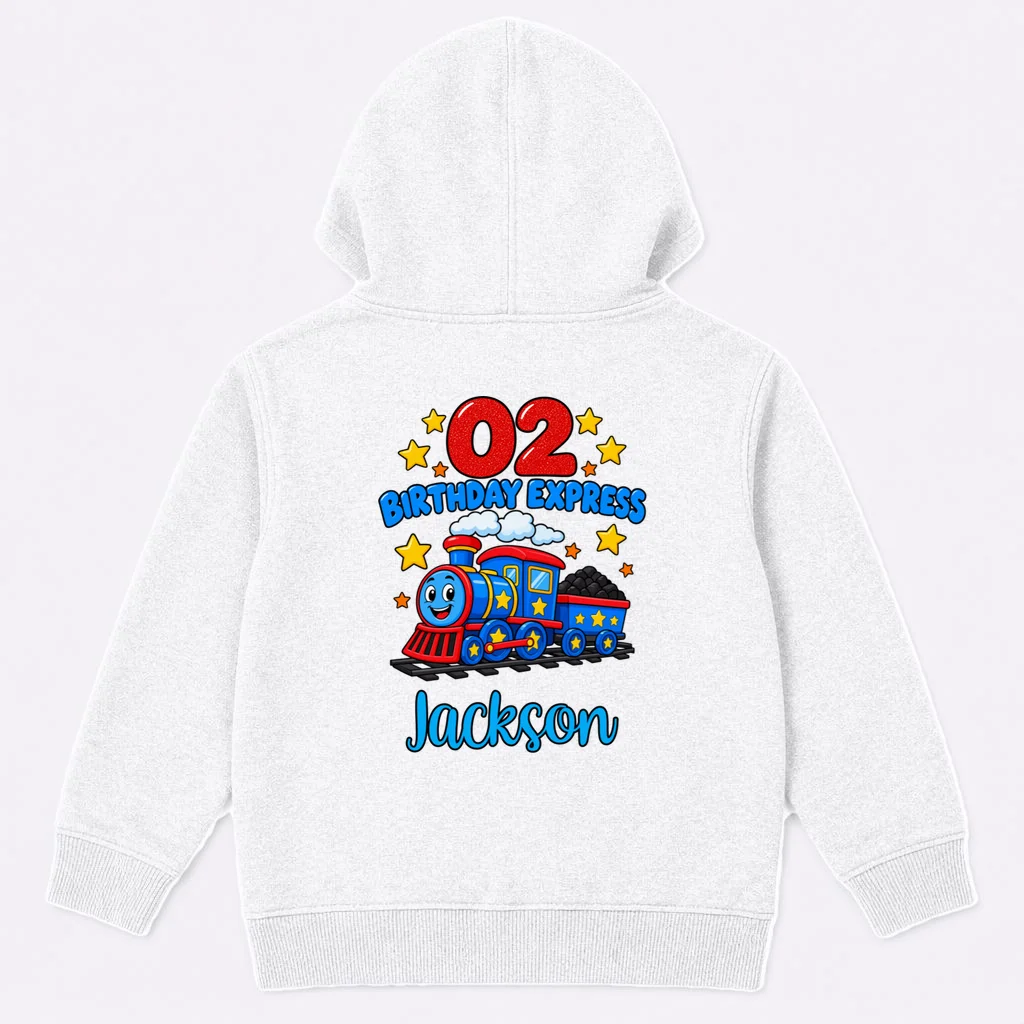 All Aboard, I’m Two! – Personalized 2nd Birthday Train Design Kids Hoodie - Back