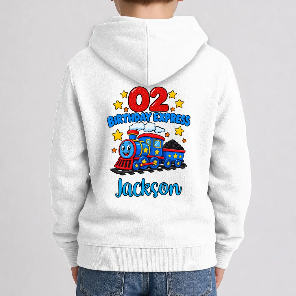 All Aboard, I’m Two! – Personalized 2nd Birthday Train Design Kids Hoodie - Back 1