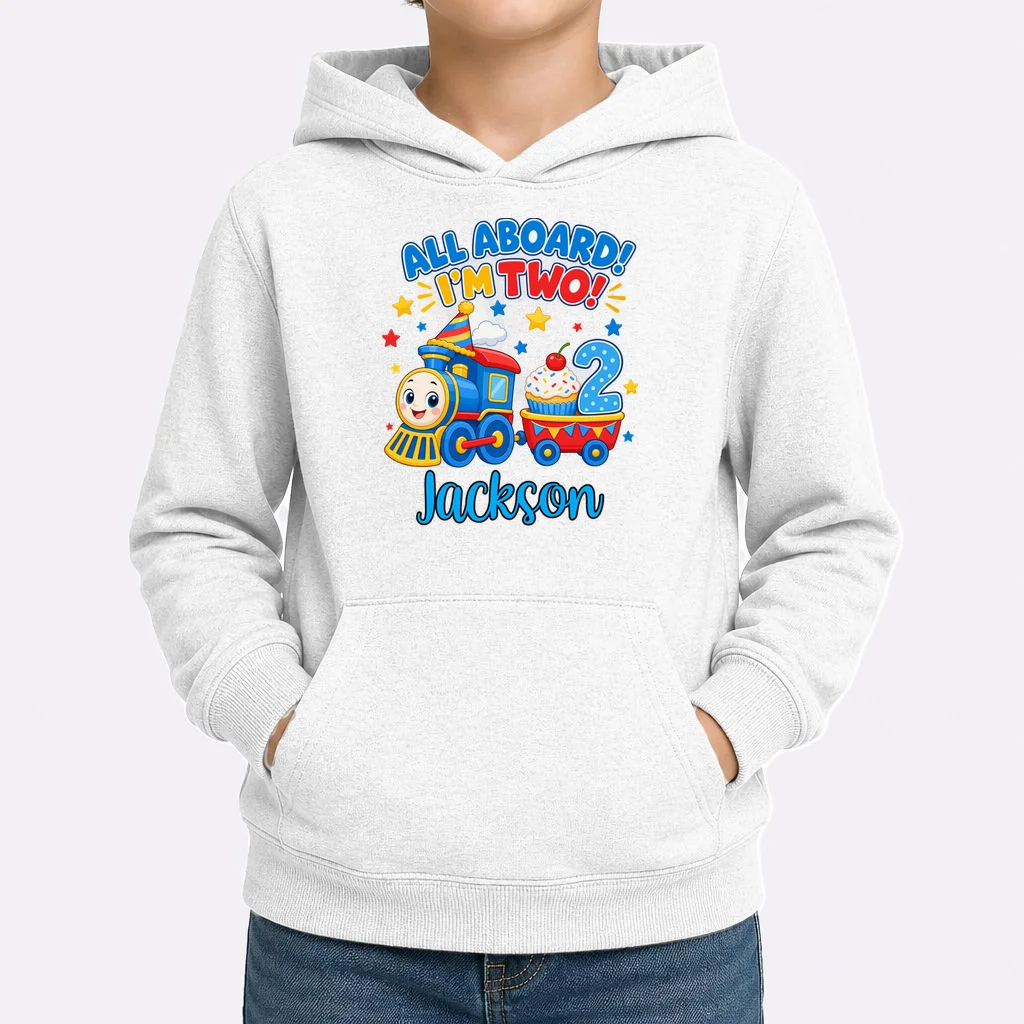 All Aboard, I’m Two! – Personalized 2nd Birthday Train Design Kids Hoodie - Front 1