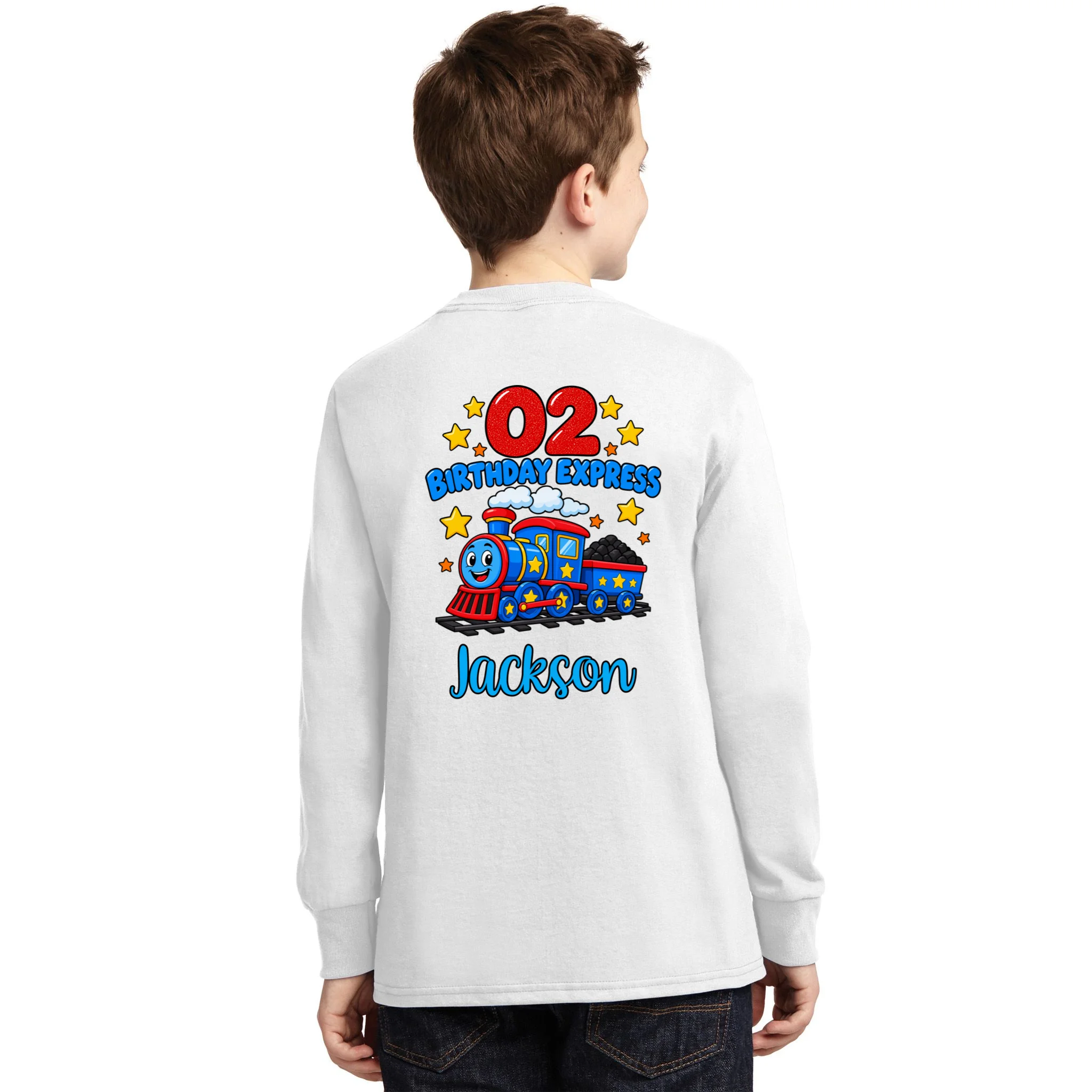All Aboard, I’m Two! – Personalized 2nd Birthday Train Design Kids Long Sleeve Shirt - Back - Close-up