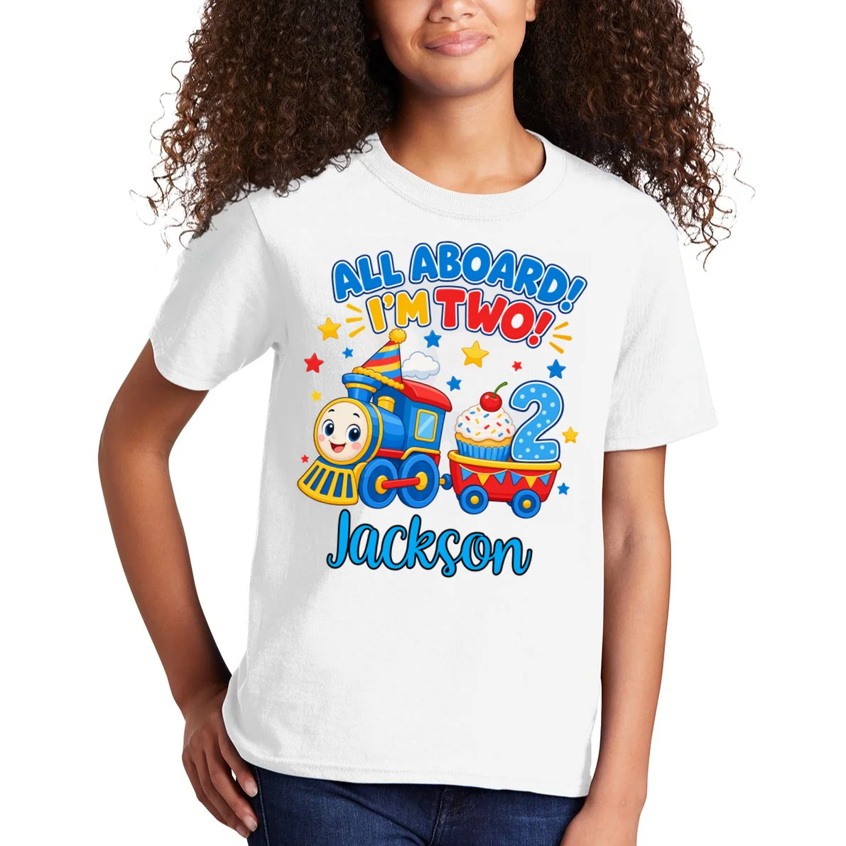 All Aboard, I’m Two! – Personalized 2nd Birthday Train Design Kids T-Shirt - Front 1
