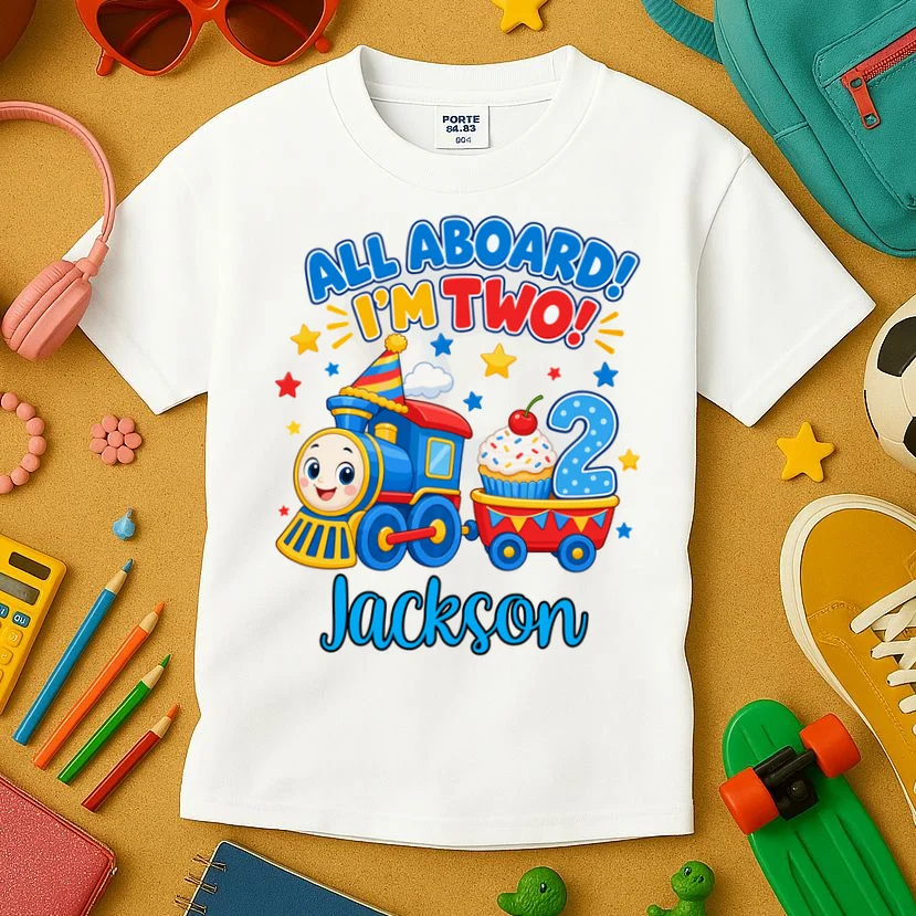 All Aboard, I’m Two! – Personalized 2nd Birthday Train Design Kids T-Shirt - Front 2