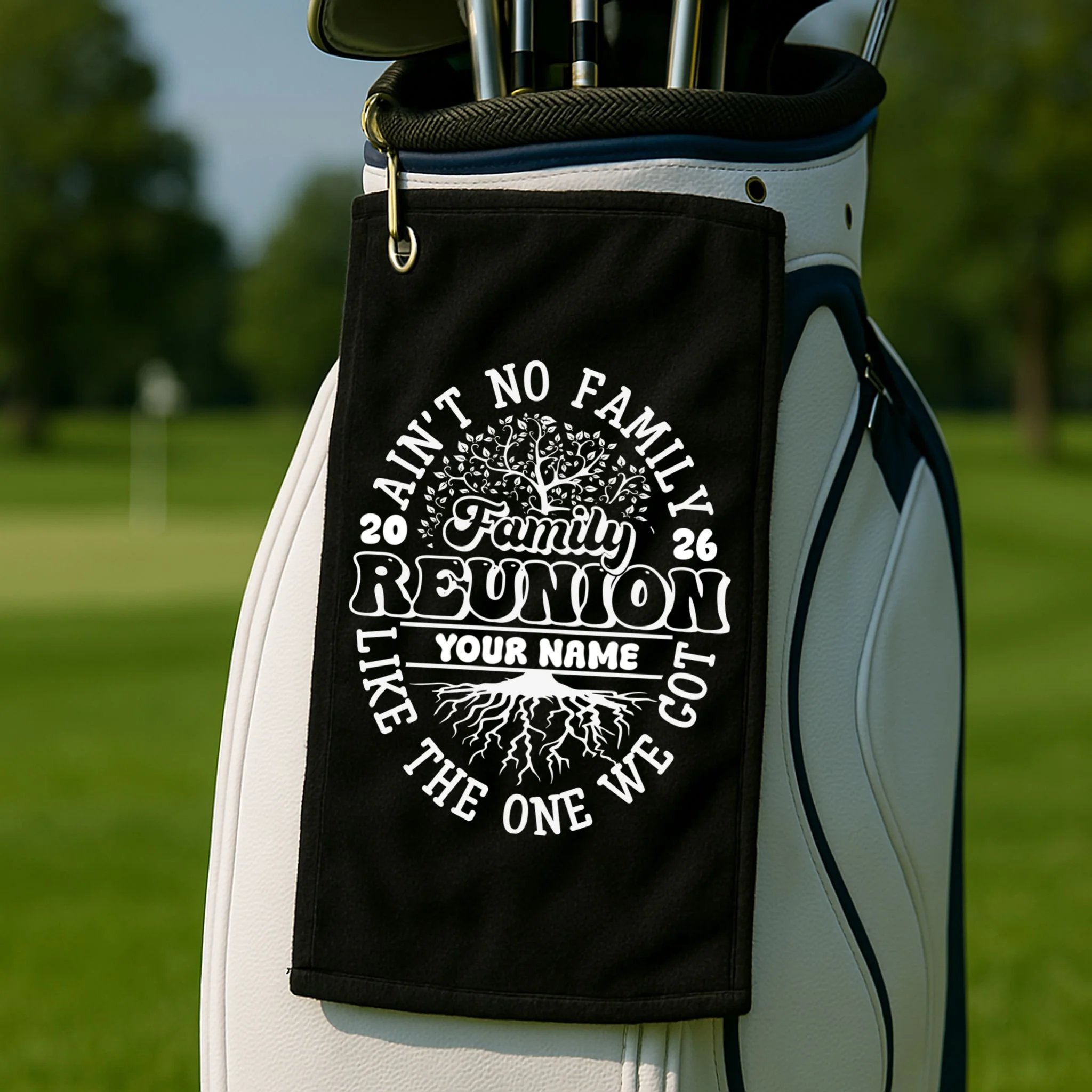 Ain't No Family Like the One We Got Custom Last Name Golf Towel - Front 2