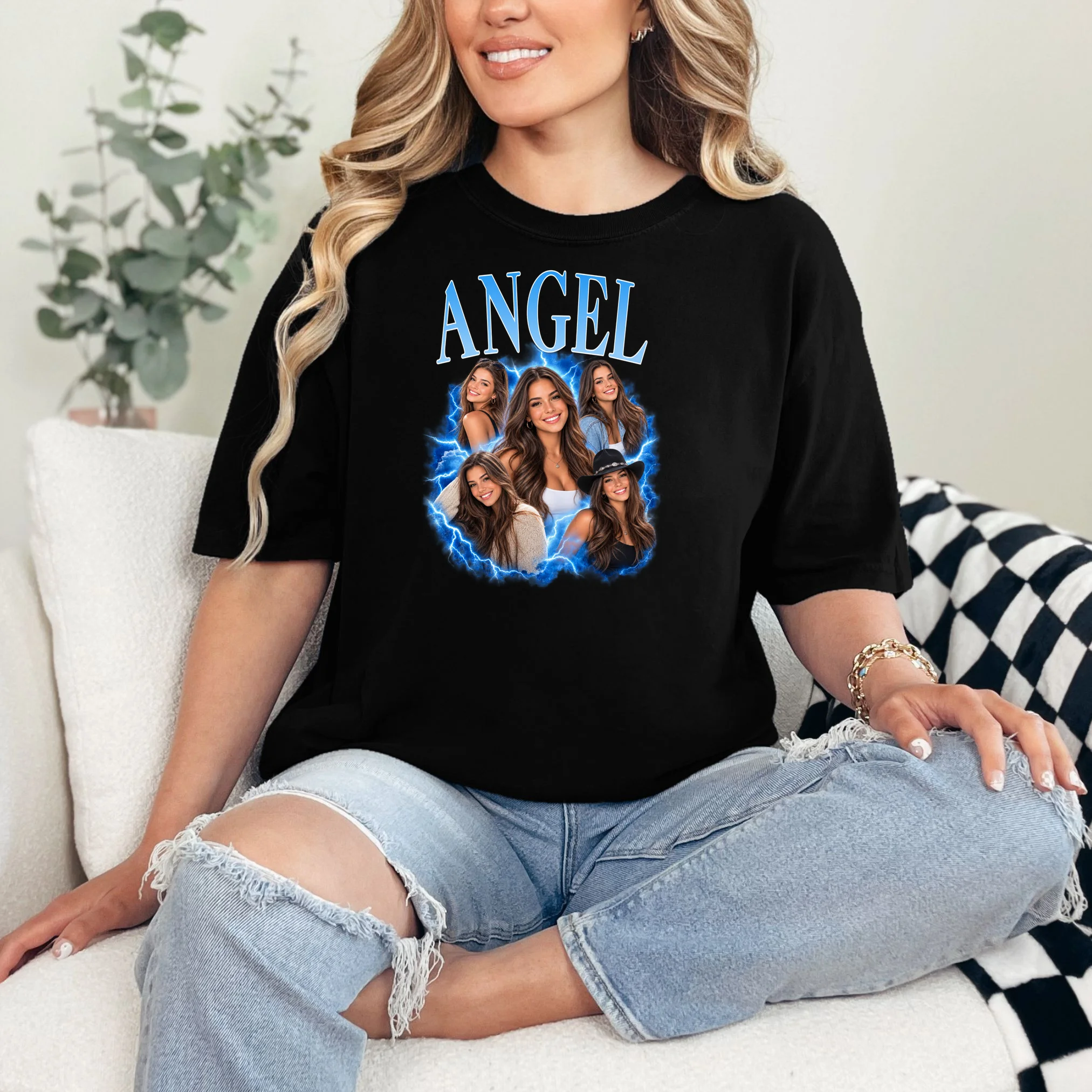 Photo Collage Personalized Name Custom Gift - Blue Portrait Multi Photo Design Comfort Colors Unisex T-Shirt - Front 1