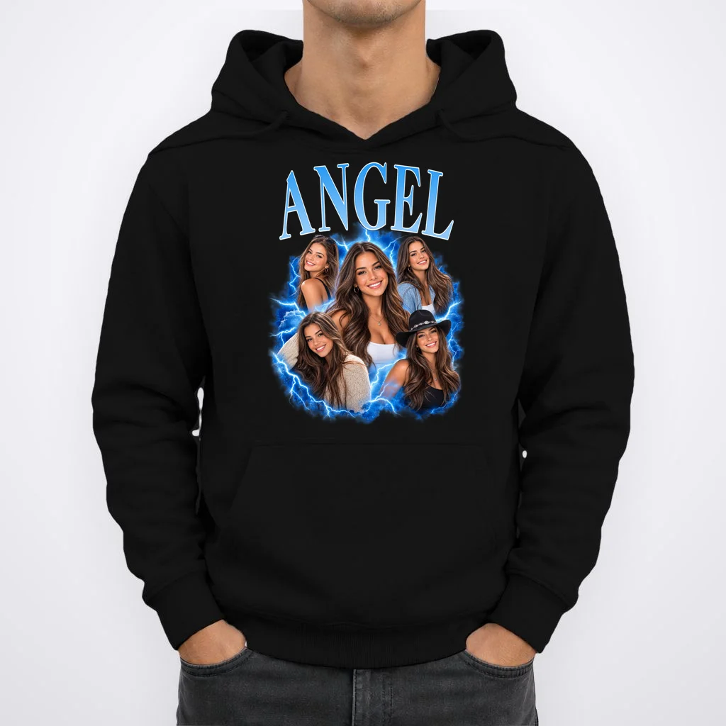 Photo Collage Personalized Name Custom Gift - Blue Portrait Multi Photo Design Men's Hoodie - Front 1