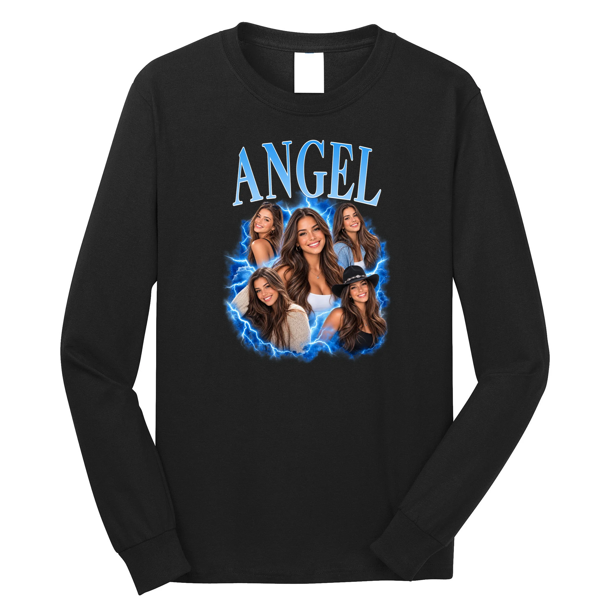 Photo Collage Personalized Name Custom Gift - Blue Portrait Multi Photo Design Men's Long Sleeve Shirt Front