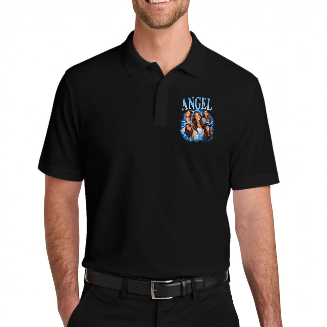Photo Collage Personalized Name Custom Gift - Blue Portrait Multi Photo Design Men's Polo - Front 1