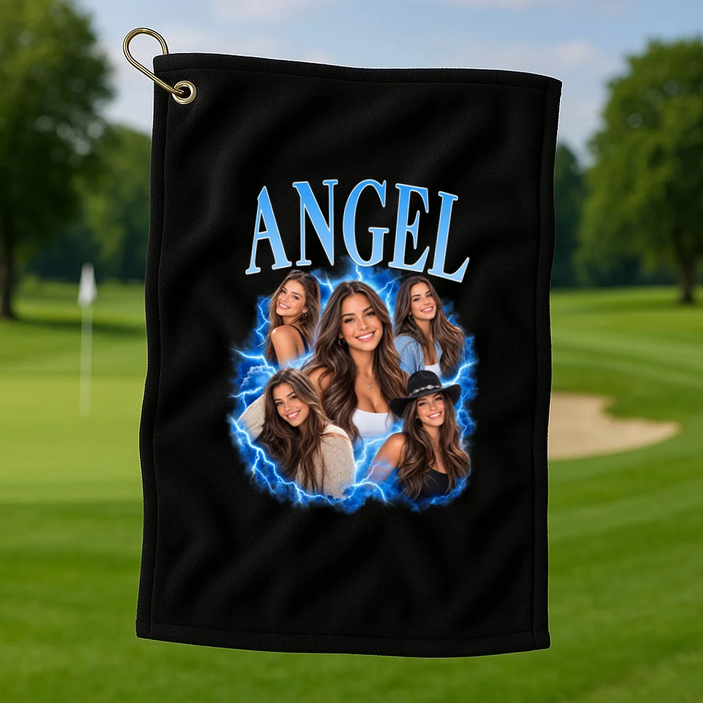 Photo Collage Personalized Name Custom Gift - Blue Portrait Multi Photo Design Golf Towel - Front 1