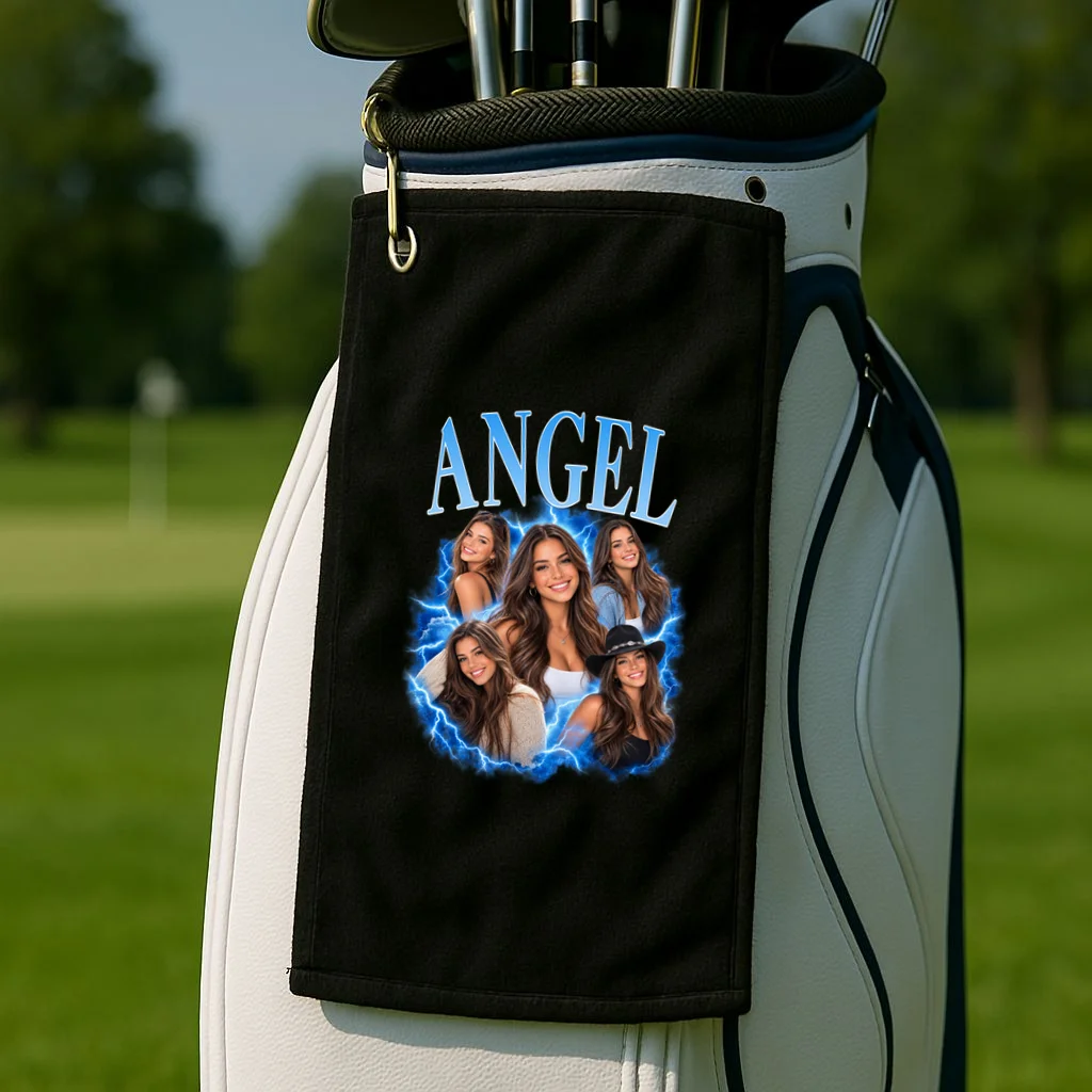 Photo Collage Personalized Name Custom Gift - Blue Portrait Multi Photo Design Golf Towel - Front 2
