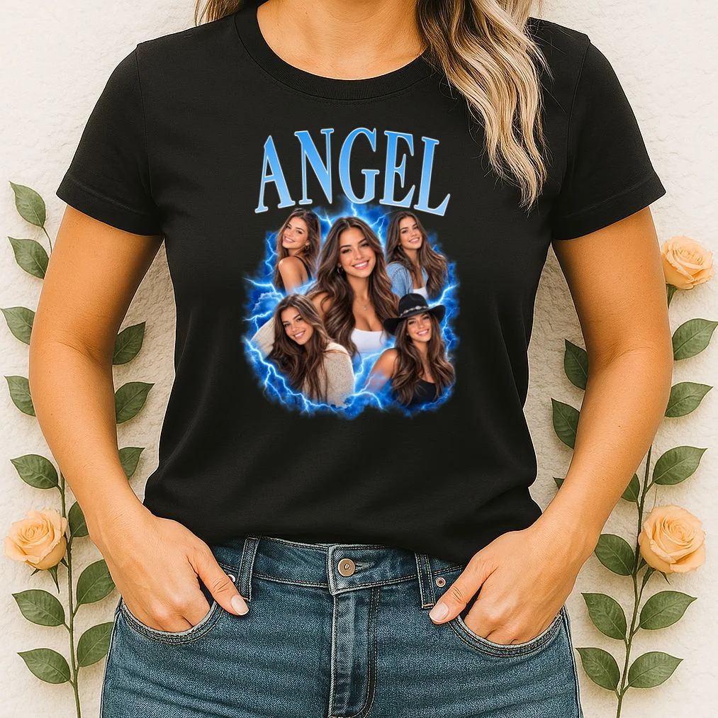 Photo Collage Personalized Name Custom Gift - Blue Portrait Multi Photo Design Women's T-Shirt - Front 1