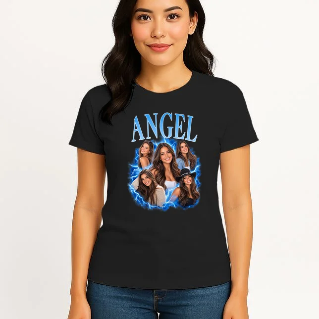 Photo Collage Personalized Name Custom Gift - Blue Portrait Multi Photo Design Women's T-Shirt - Front 3