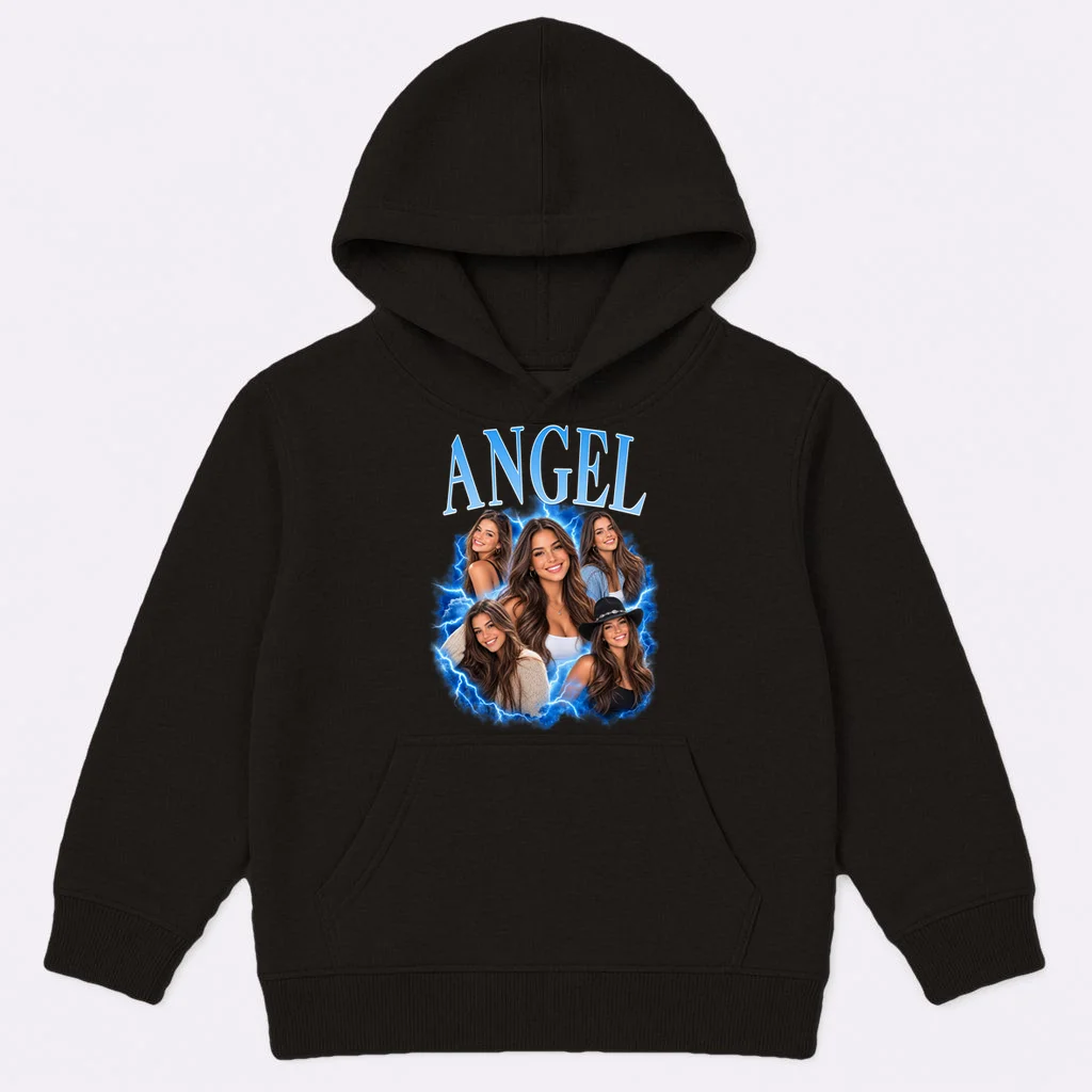 Photo Collage Personalized Name Custom Gift - Blue Portrait Multi Photo Design Kids Hoodie Front