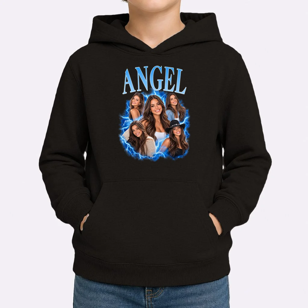 Photo Collage Personalized Name Custom Gift - Blue Portrait Multi Photo Design Kids Hoodie - Front 1
