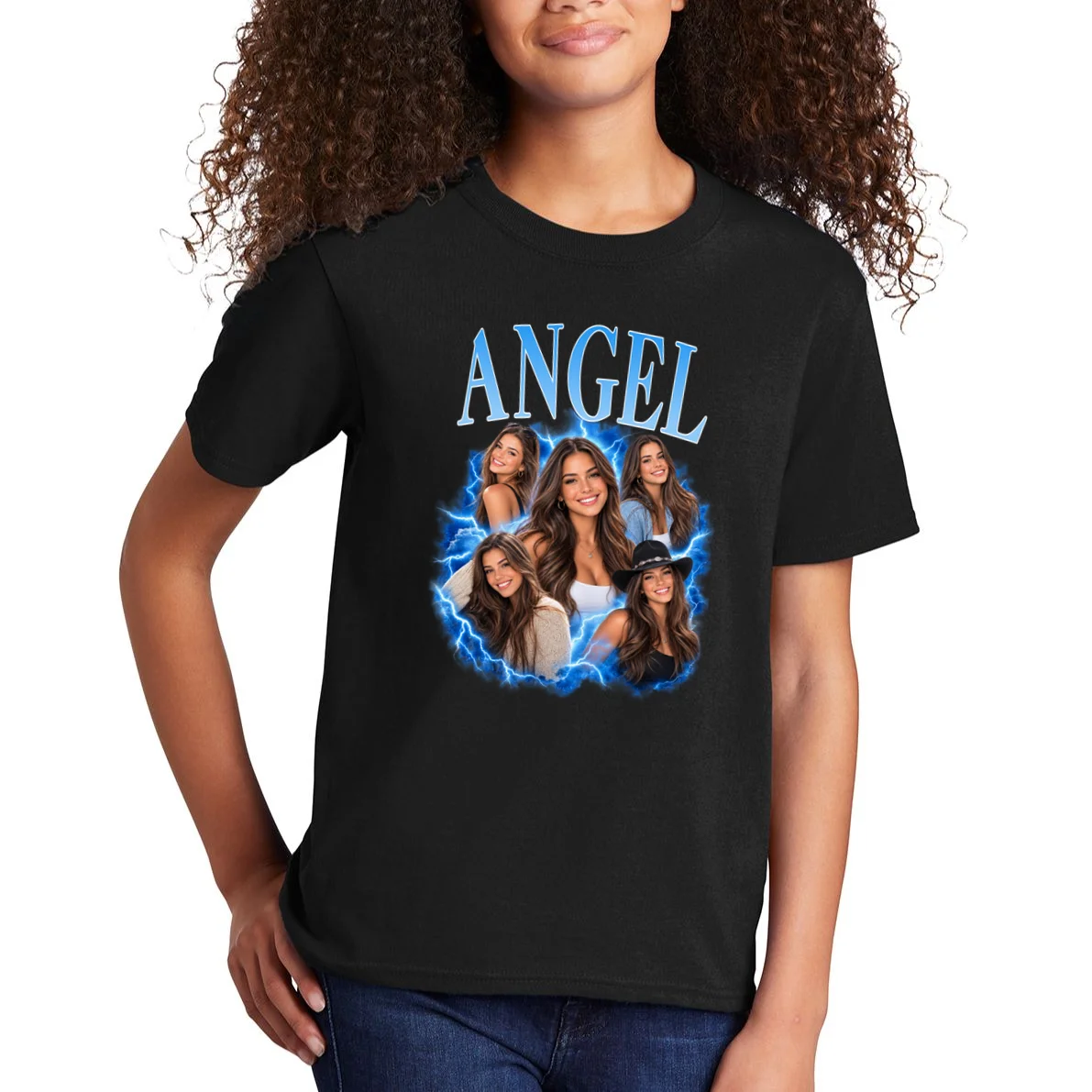Photo Collage Personalized Name Custom Gift - Blue Portrait Multi Photo Design Kids T-Shirt - Front 1