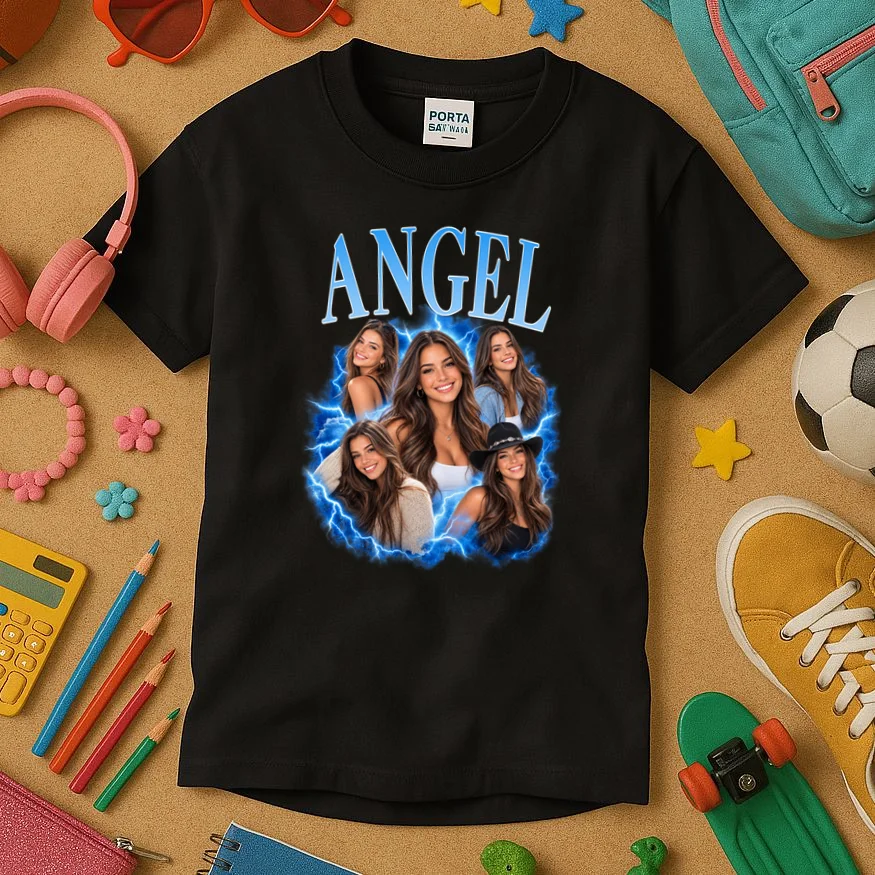 Photo Collage Personalized Name Custom Gift - Blue Portrait Multi Photo Design Kids T-Shirt - Front 2