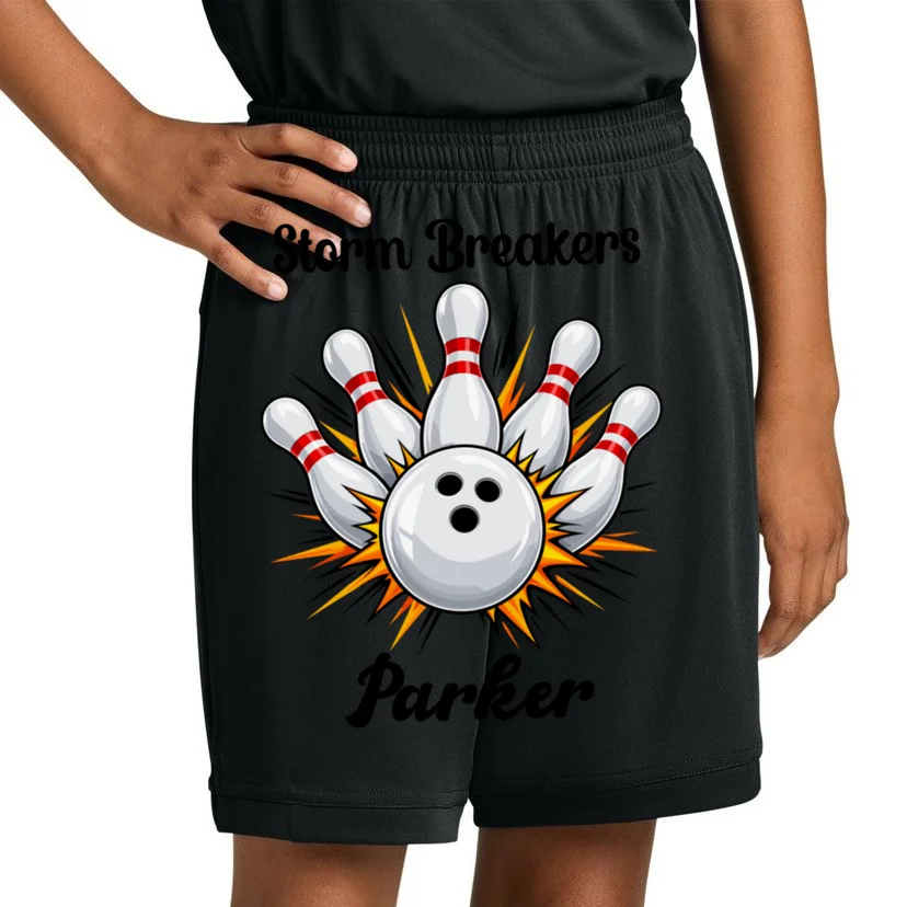 Custom Bowling Team Name & Player Name – Personalized Strike Explosion Design Kids Shorts - Front 1