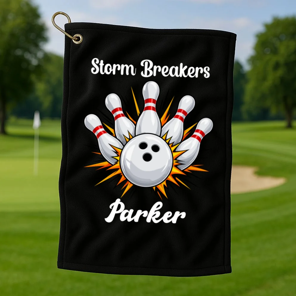 Custom Bowling Team Name & Player Name – Personalized Strike Explosion Design Golf Towel - Front 1